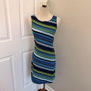 Y2K BLUE AND GREEN CITY TRIANGLES STRIPED A-LINE MIDI DRESS